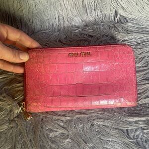 Miu Miu Pink Croc-Embossed Zip Around Wallet Long Wallet w Gold Logo- *faded